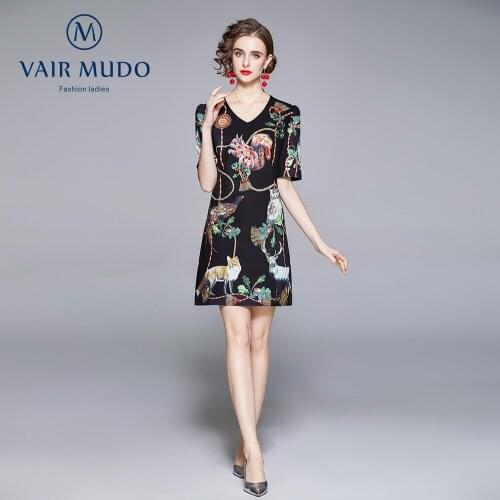 2021 Summer Autumn European Station New Womens Diamond Short-Sleeved Animal Print Fashion Waist Black Dress Women Elegant Y-244