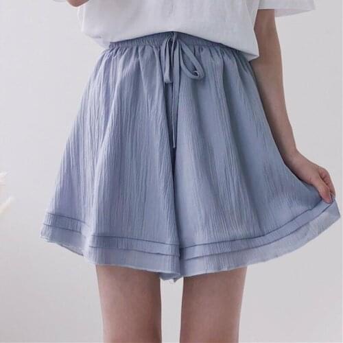 Sweet Womens Casual Loose Flare Mini Shorts Chiffon Drawstring Ruffles Shorts Color Light Blue&White&Black Girl Students