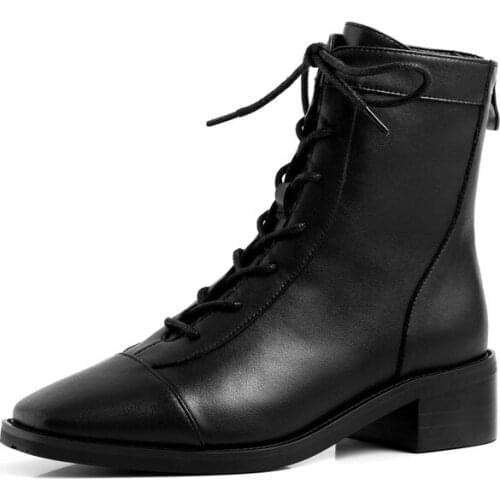Fashion square toe lace-up genuine leather solid nude women ankle boots thick heel brand women shoes causal motorcycles boot