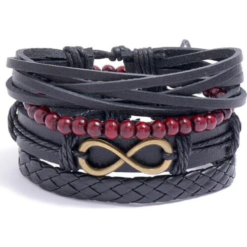 Fashion Punk Black Infinity Bracelet Set Handmade Braided Leather Charm Infinities Bangle Wrap Wristbands Women Men Rock Jewelry
