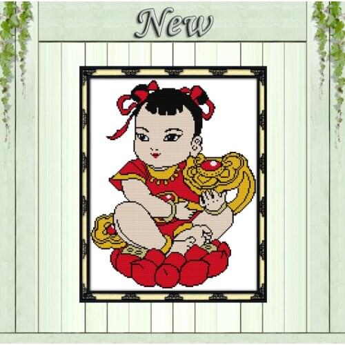 Girl and carp New Year picture painting counted printed on canvas DMC 14CT 11CT DIY Cross Stitch Embroidery kits Needlework Sets