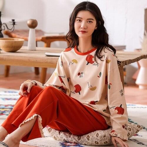 Pajamas Womens Cotton Long Sleeved Autumn Cute Casual Cotton Home Clothes Outside Pajama Set Cute Pumpkin Pijamas
