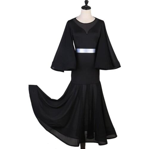 Ballroom Dance Competition Dresses Waltz Dress Standard Dance Dresses with Waist Belt Mesh Bust Big Hem