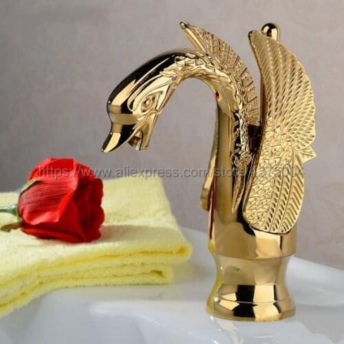 Luxury Gold Color Brass Bathroom Faucet Double Cross Handles Swan Faucet Deck Mounted Sink Mixer Tap Ngf009