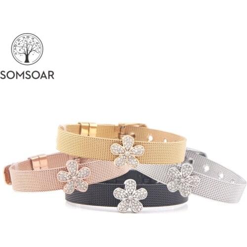 Somsoar Jewelry Rhinestone Flower Charms Mesh Bracelet Set Stainless Steel Slide Charm Bracelet Bangle as Mothers Day Gift