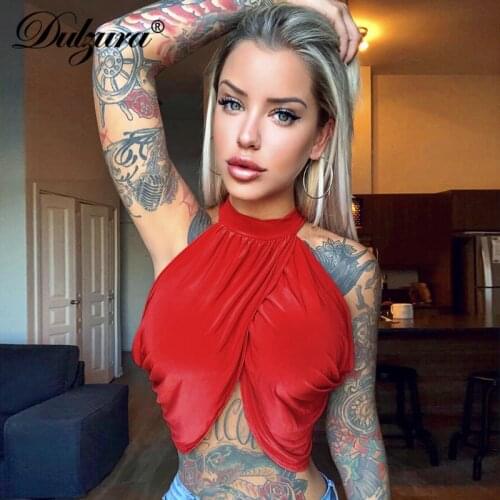 Dulzura ruched halter crop top tanks women cross backless sexy 2020 summer clothes elegant party club streetwear cute solid