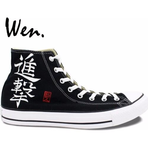 Wen Hand Painted Anime Shoes Design Custom Attack on Titan High Top Men Womens Black Canvas Sneakers for Birthday Gifts