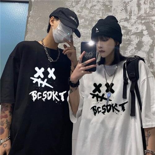Vintage T-Shirt Women Japanese Punk Vintage Loose Short-Sleeved Cotton Summer Korean Black Hip Hop Punk Dark Anime Print Clothes