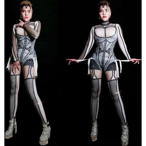 Womens Fashion Black Jumpsuits Spandex Printed Stretch Jumpsuit Rhinestones One Piece Bodysuit Dancer Performance Rompers