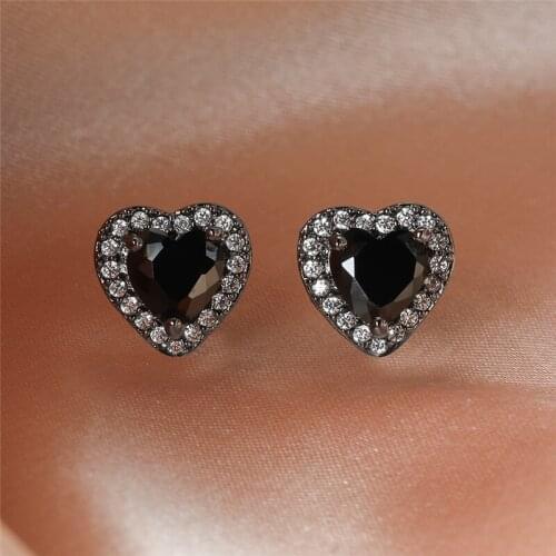 Punk Female Crystal Love Heart Jewelry Luxury Black Gold Small Stud Earrings Charm Bride Black Zircon Wedding Earrings For Women