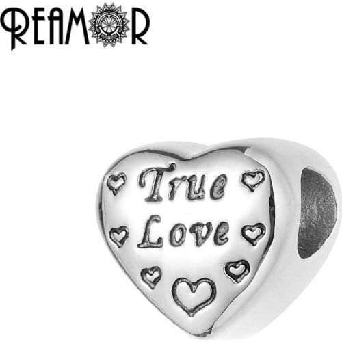 Reamor On Sale 5pcs 316l Stainless Steel Heart Beads Text True Love European Charms Beads For Women Bracelet Jewelry Making Gift