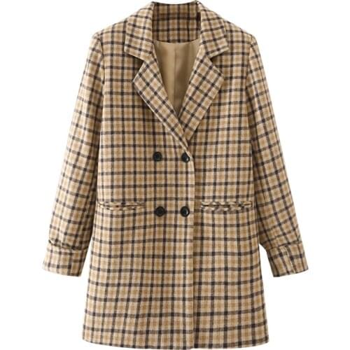 MESTTRAF Women 2021 Fashion Double-breasted Plaid Blazer Retro Long Sleeve Pocket Decorative Coats Streetwear