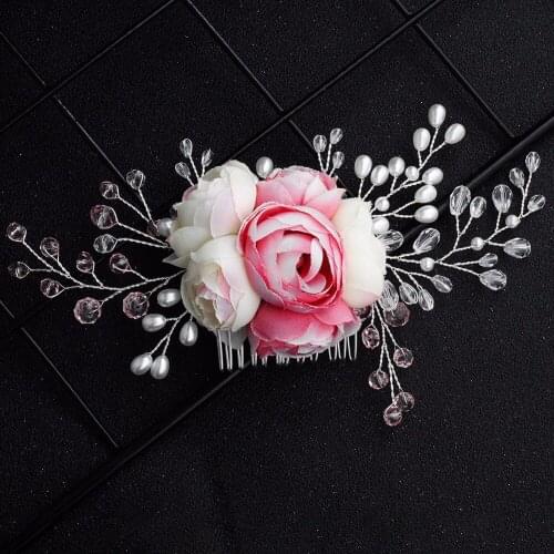 Pink Rose Flower Crystal Hair Combs Wedding Hair Jewelry Ornament Bridal Women Hair Jewelry Accessories Pearl Handmade Tiara