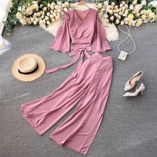Summer Womens Suit Korean Retro Solid Color V-neck Tie Shirt + High Waist Split Wide Leg Pants Two-piece New Female Sets LH565