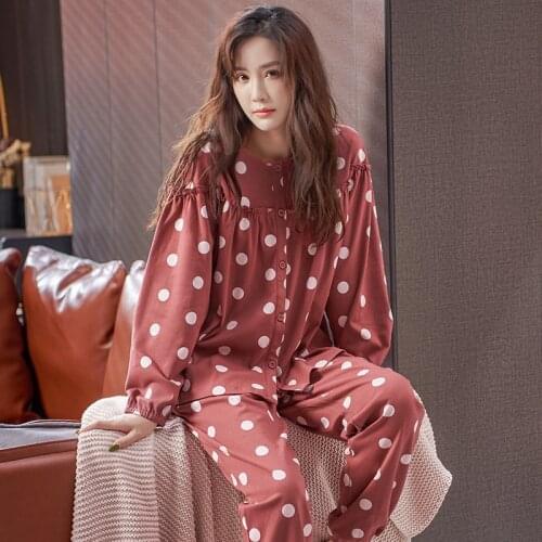 Women O-Neck Cardigan Pajamas Set Big Yards Pijamas Mujer Autumn Sweet Cute Long Sleeve Polka Dot Princess Nightwear Homewear