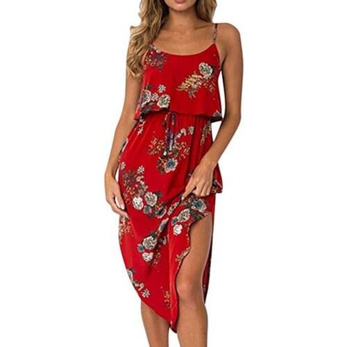 Women Slit Dress Summer Flower Printing Dress Sleeveless Beach Dress Swimwear Beach Wear Cover Women One Shoulder bohemian dress