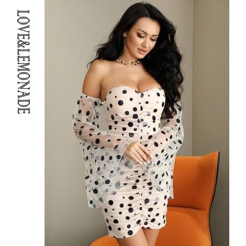 LOVE&LEMONADE Sexy Tube Top Slim Fit Pleated Perspective Flared Long Sleeve Polka Dot Mesh Party Mini Dress LM82651