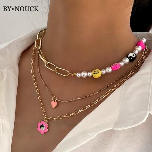 Imitation Pearl Beads Smiley Flower Beaded Choker Necklace Jewelry Asymmetric Multi-layer YinYang Heart Metal Clavicle Chain New