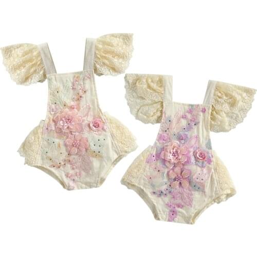 Newborn Crochet Lace Romper Baby Girls Embroidery Flower Jumpsuits Toddler Loose Fly Sleeve Square Collar Tie-up Playsuit