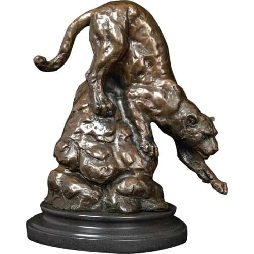 Panther Sculpture Statue Hot Casting Bronze Leopard Wildlife Copper Figurine Marble Base Modern Art for Home Decor Accessories