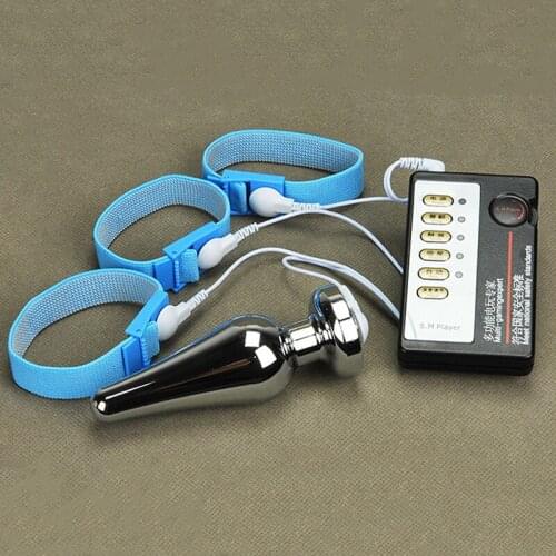 Electro shock pulse therapy kit(host box+anal plug+3pcs penis ring)masturbation massage stimulator cock rings butt plug sex toys