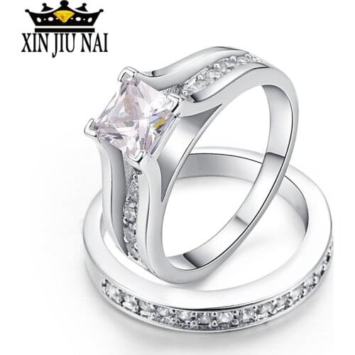 2 PCS Set Zircon Stainless Steel Double Rings for Women Silvery Color Crystal Female Engagement Wedding Bridal Finger Rings