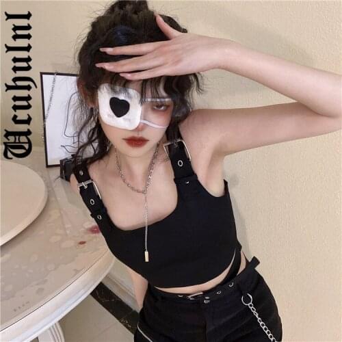 Ucuhulnl Korean Harajuku Diablo Style Suit Sleeveless Short Backless Sling High Waist Slit Chain Mini Skirt Vintage Slim