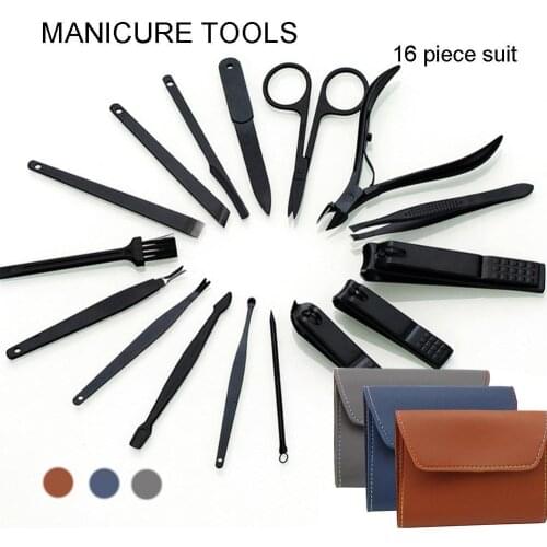 16Pcs/Set Nail Clipper Cutter File Manicure Pedicure Tool with Faux Leather Case False Nail Tips Clipper Cutter Edge Trimmer