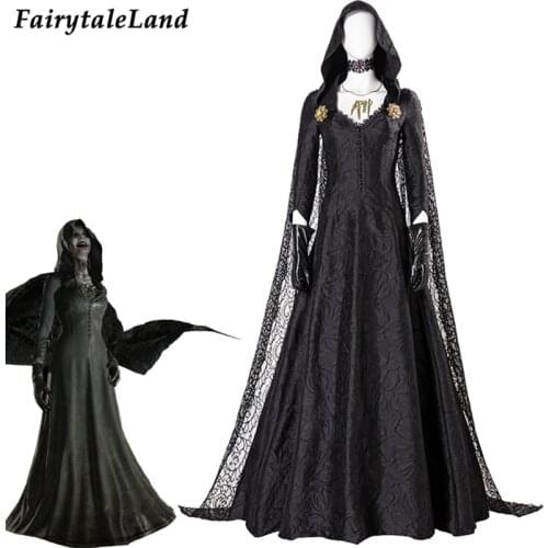 Hot Game RE Village Daniela Dimitrescu Cosplay Black Dress Halloween Vampire Costume Middle Ages Evening Party Witch Outfit