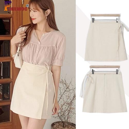 Cute Mini Skirts Summer Preppy Style Sweet Girls Bow Tie Lace-Up High Waist A Line Skirt Cotton