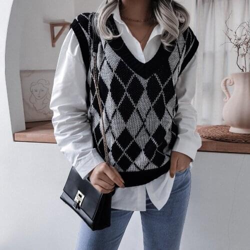 XIKOI Fashion Women Knitted Vest Pullovers V Neck Sleeveless Lozenge Knitted Jumper Pullovers Korean Loose Plaid Sweater Vest