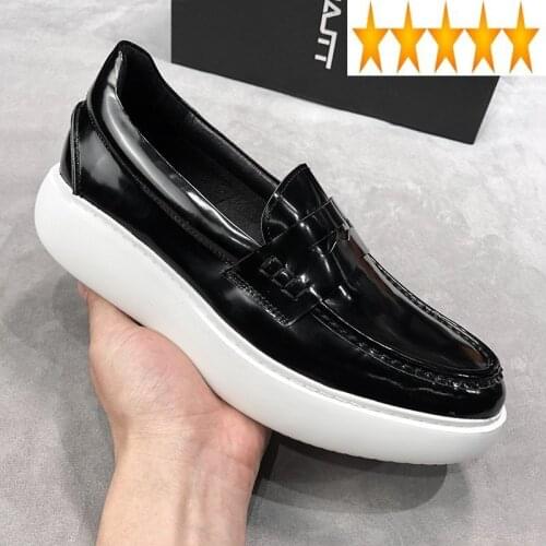 100% Real Leather Platform Brand Shoes Men Breathable Height Increasing Loafers Fashion Slip On Black Sneakers Zapatillas Hombre