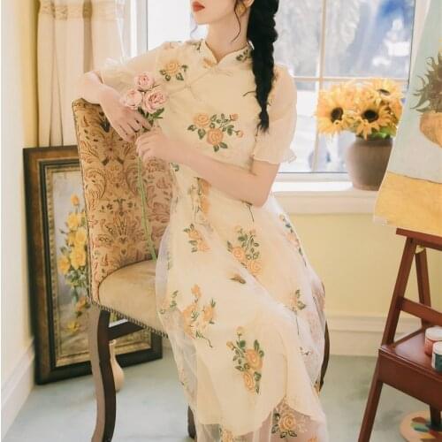 2020 Summer New Retro Chinese Style Daily Style Improved Girl Cheongsam Embroidery Long Dress Super Fairy Platycodon Dress
