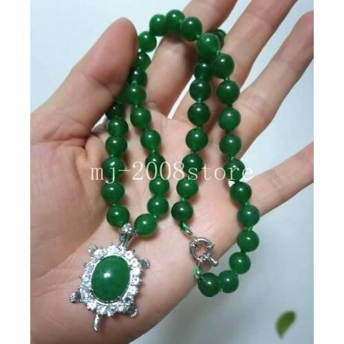 Charming 8MM Green Jade Round Beads Tortoise Pendant Necklace 18"