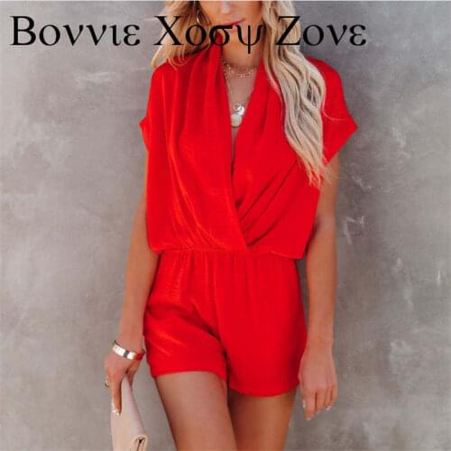 Plain Turn-down Collar Solid Short Sleeve Loose Rompers Casual Look for Women 2021