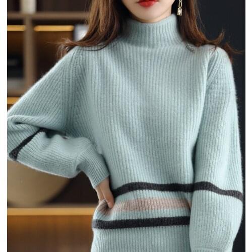 2021 Autumn Winter New Cashmere Sweater Women Half Turtleneck Loose Pullover Wool Knitted Thick Long-sleeved Warm Sweater Female