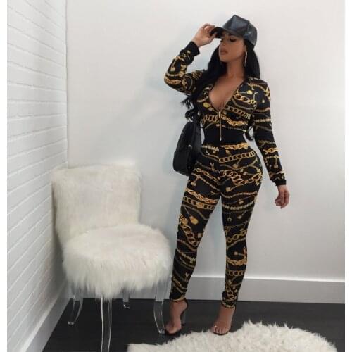 AHVIT Autumn Winter Print Sheath Sexy Two Piece Set Front Zipper Full Sleeve Short Coat And High Waist Full Length Pants QM3299