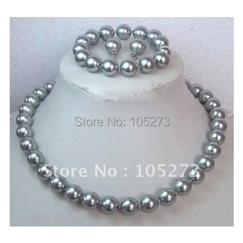 Gray Sea Shell Pearl AA 10MM Round 18inch Necklace 7.5inch Bracelet S925 Silvers Earring Fashion Jewelry Set New Free Shipping