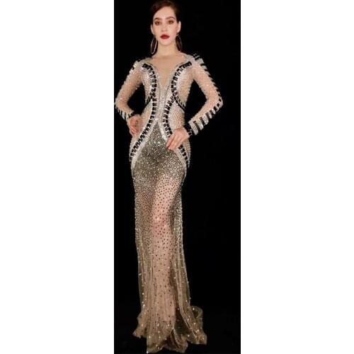 See Through Silver Black Rhinestones Dress Bar Birthday Celebrate Dress Prom Dance Mesh Outfit Women Singer Dresses DWY2941