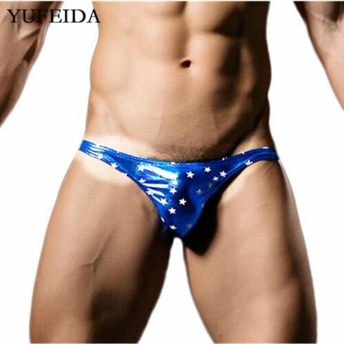 Christmas Bronzing Sexy Mens Briefs Underwear Star Printed PU Leather Shorts Panties Tight Boy Briefs Mens Underwear Gay Thongs
