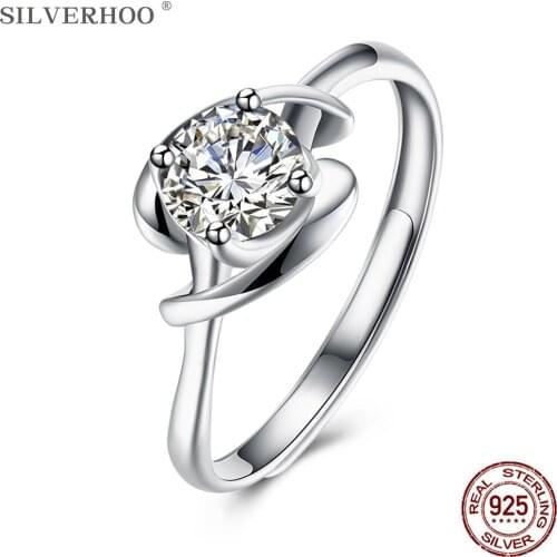 SILVERHOO Silver 925 Jewelry Rings For Women Round 5A Cubic Zircon CZ Wedding Adjustable Ring Hot Sale Female Engagement Gift