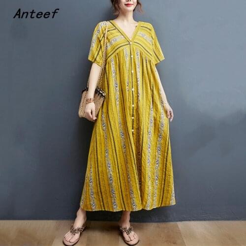 Short sleeve cotton vintage floral dresses for women casual loose long woman summer beach dress elegant clothes 2021