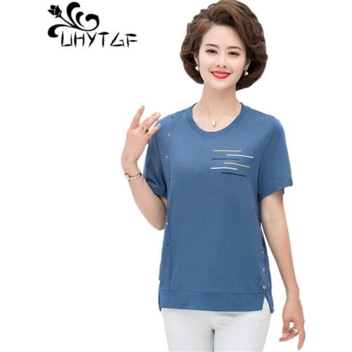 UHYTGF Women Summer T-Shirt 2021 Short Sleeve Pullover Casual Female Thin Tops Elegant Mother Clothes 5XL Oversized T-Shirt 1372