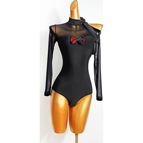One Side Shoulder Hole Bow Design Women Latin Dance Bodysuit Latin Dancing Tops Cloth Tango Chacha Dancing Performamnce TL575
