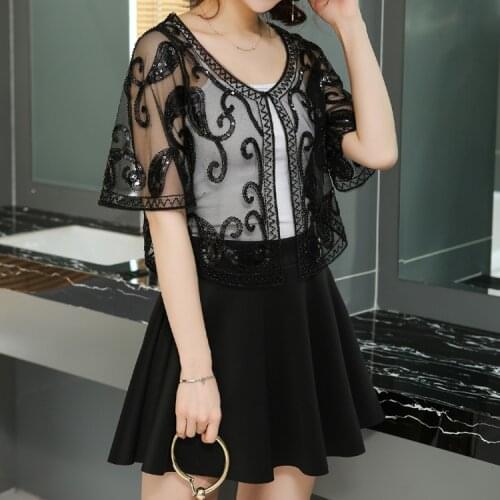 Summer Vintage Sequined Beading Pattern Short Sleeve Open Stitch Champagne Black Silver Free Size Casual Women Short Poncho 9928