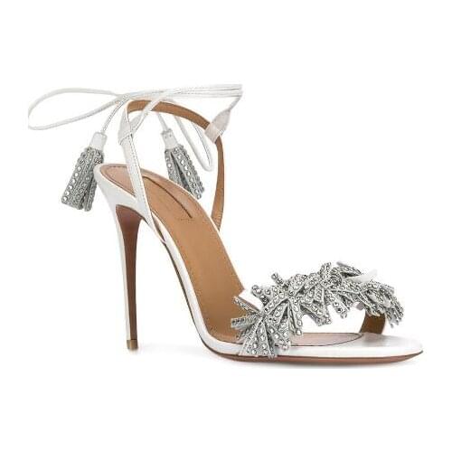 Moraima Snc High Qualtiy Leather Fringed High Heel Sandals Summer Open Toe Lace-up Thin Heels Shoes Rhinestones Sandals