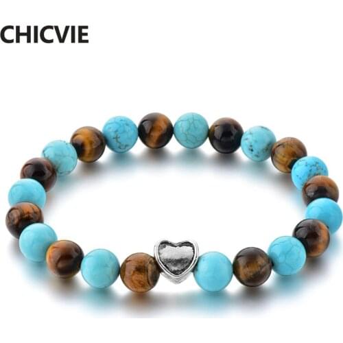 CHICVIE Silver Heart Charm Bracelets Bangles Handmade Natural Stone Bracelet For Women Boho Jewelry Friendship Bangle SBR190051