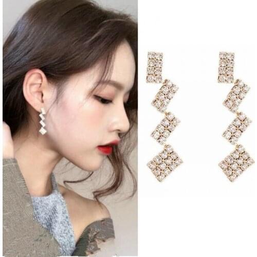 Ea163 Trendy personality exquisite wild crystal alloy geometric square stitching earrings female charm jewelry accessories