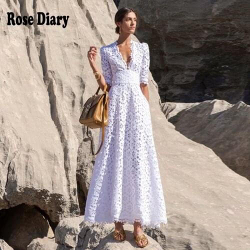 Elegant White Maxi Dress For Women V Neck Half Sleeve High Waist Hollow Out Slim Dresses Women 2020 Autumn New Style Fashion