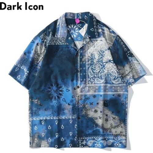 Dark Icon Blue Tie Dye Bandana Hawaiian Shirts Men Summer Vintage Street Oversized Mens Shirt Man Blouse
